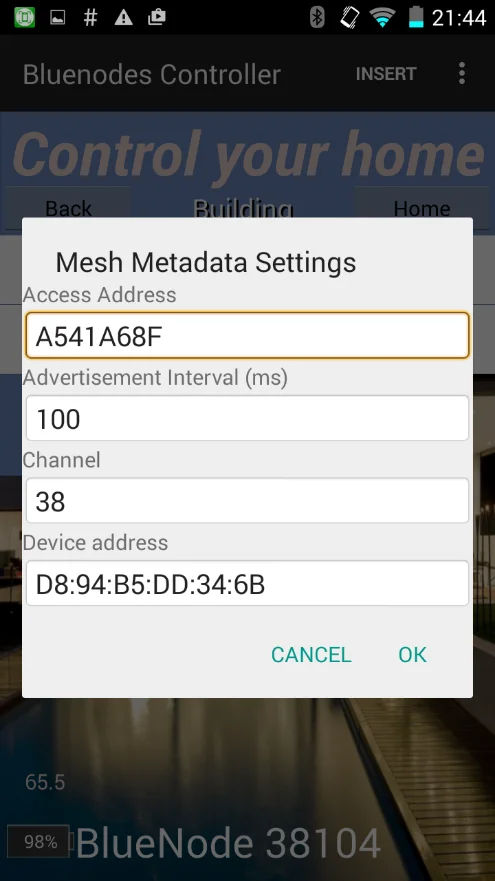 BlueNodes-App – Konfiguration der Mesh-Parameter wie Access Address, Advertisement Interval und Kanal